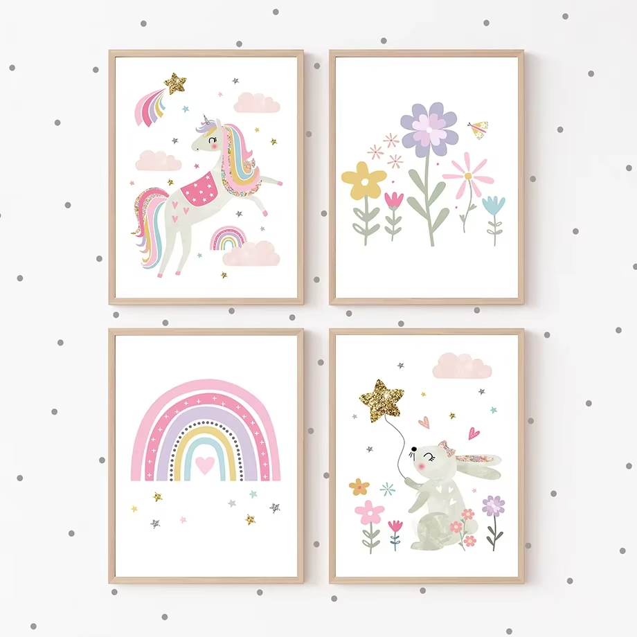 Baby Nursery Mirror - Pink Unicorn Rabbit Rainbow Cloud Flower