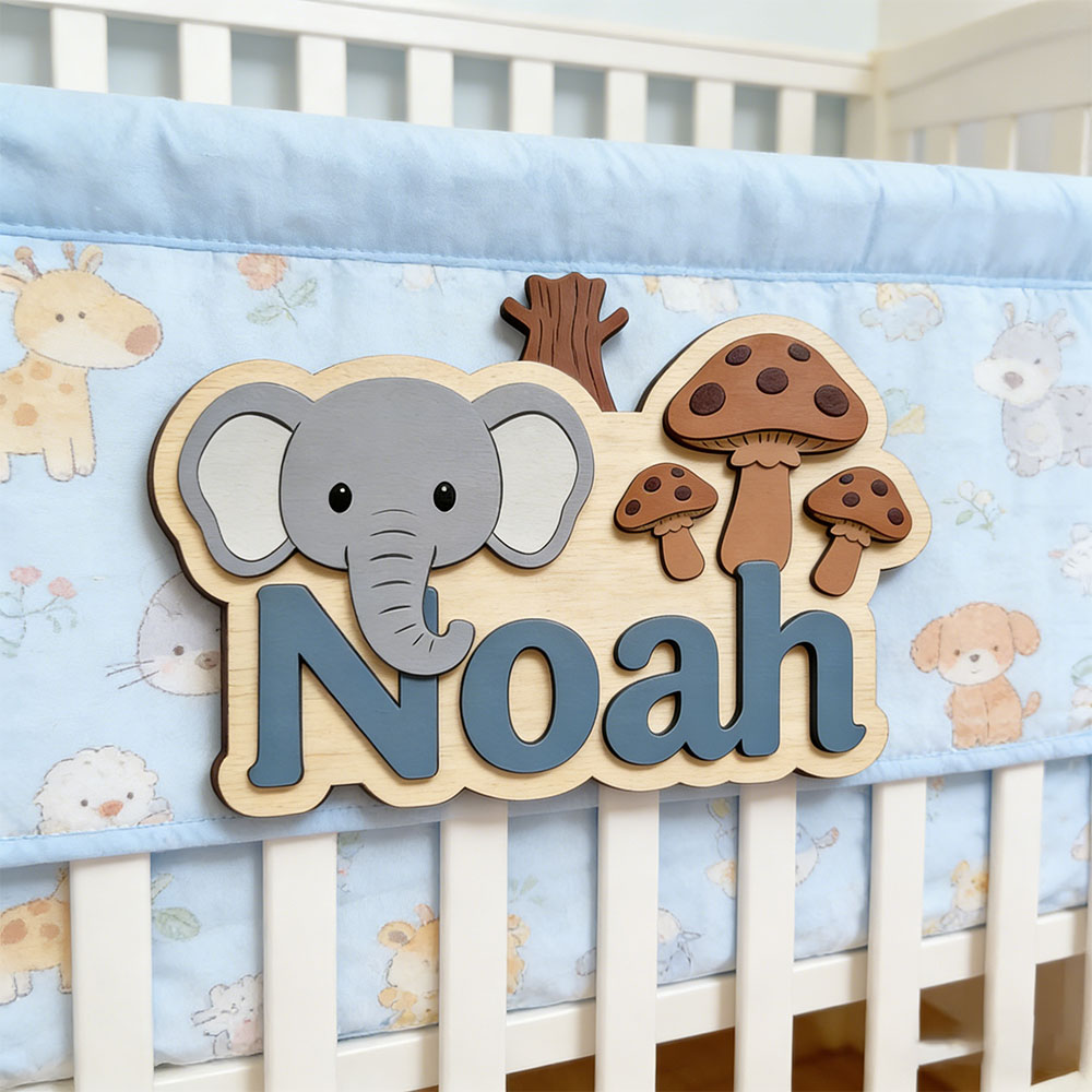 Baby Nursery Themes Boy - Customizable Cartoon Elephant & Mushroom Name