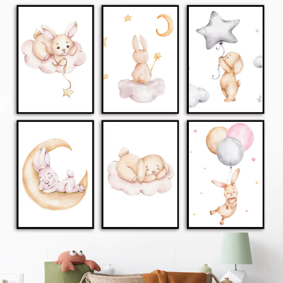 Baby Nursery Mirror - Cute Watercolor Rabbit Moon Star Cloud
