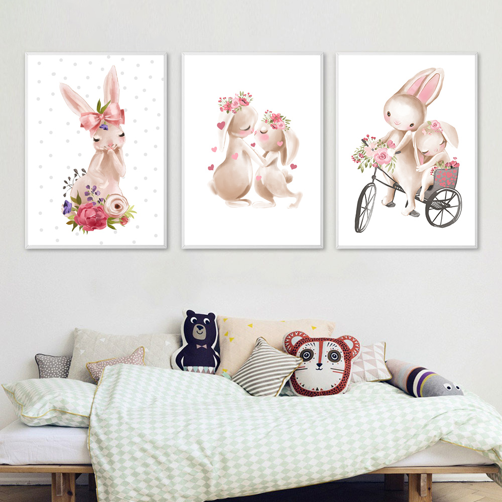 Baby Nursery Mirror - Rabbit animal print, pink flower poster,