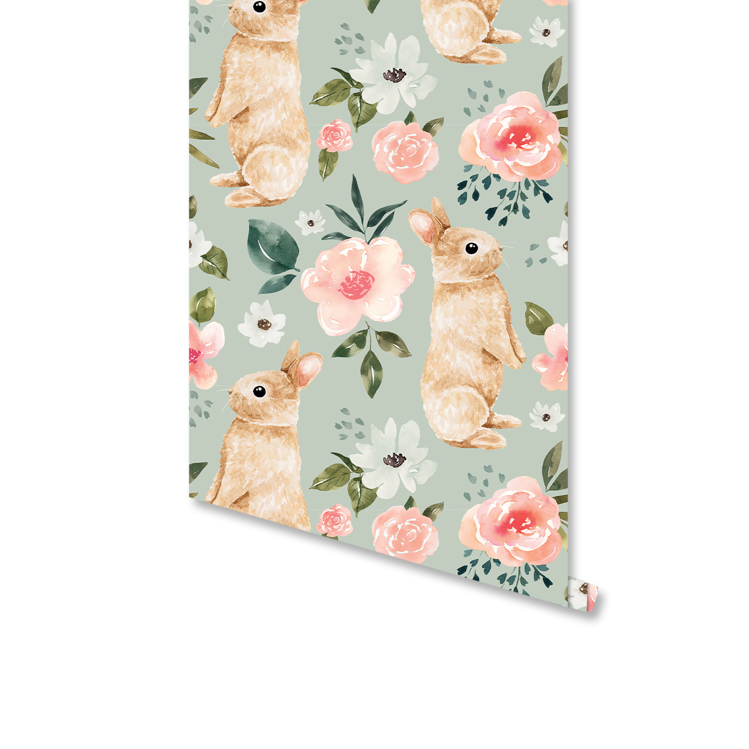 Baby Nursery Wallpaper Girl - Sage Green Bunny Floral Wallpaper Rabbit