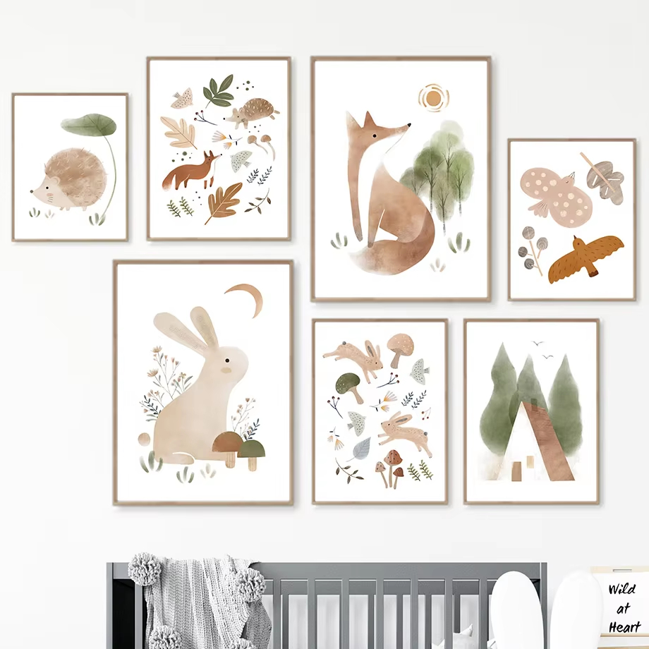 Baby Nursery Mirror - Boho Rabbit Fox Hedgehog Bird Leaf