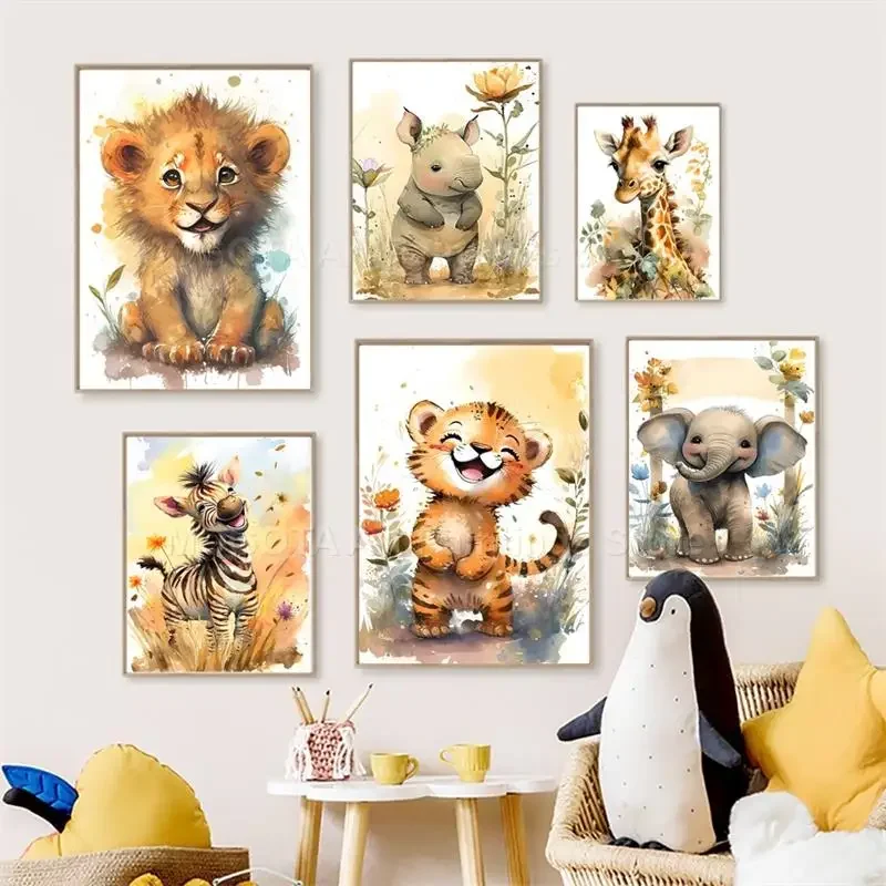 Animals Baby Nursery - Watercolor Lion Giraffe Tiger Elephant Zebra