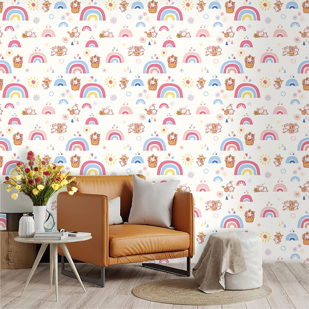 Baby Nursery Wallpaper Girl - Boho Rainbow Kids Stick and Peel