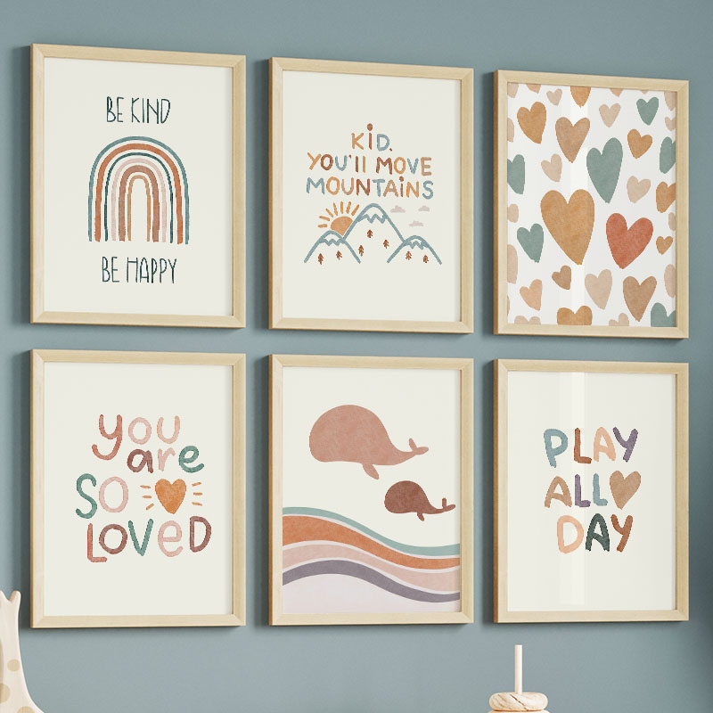 Baby Nursery Quotes Wall Art - Cartoon Ocean WhaleRainbow Heart Poster Loved