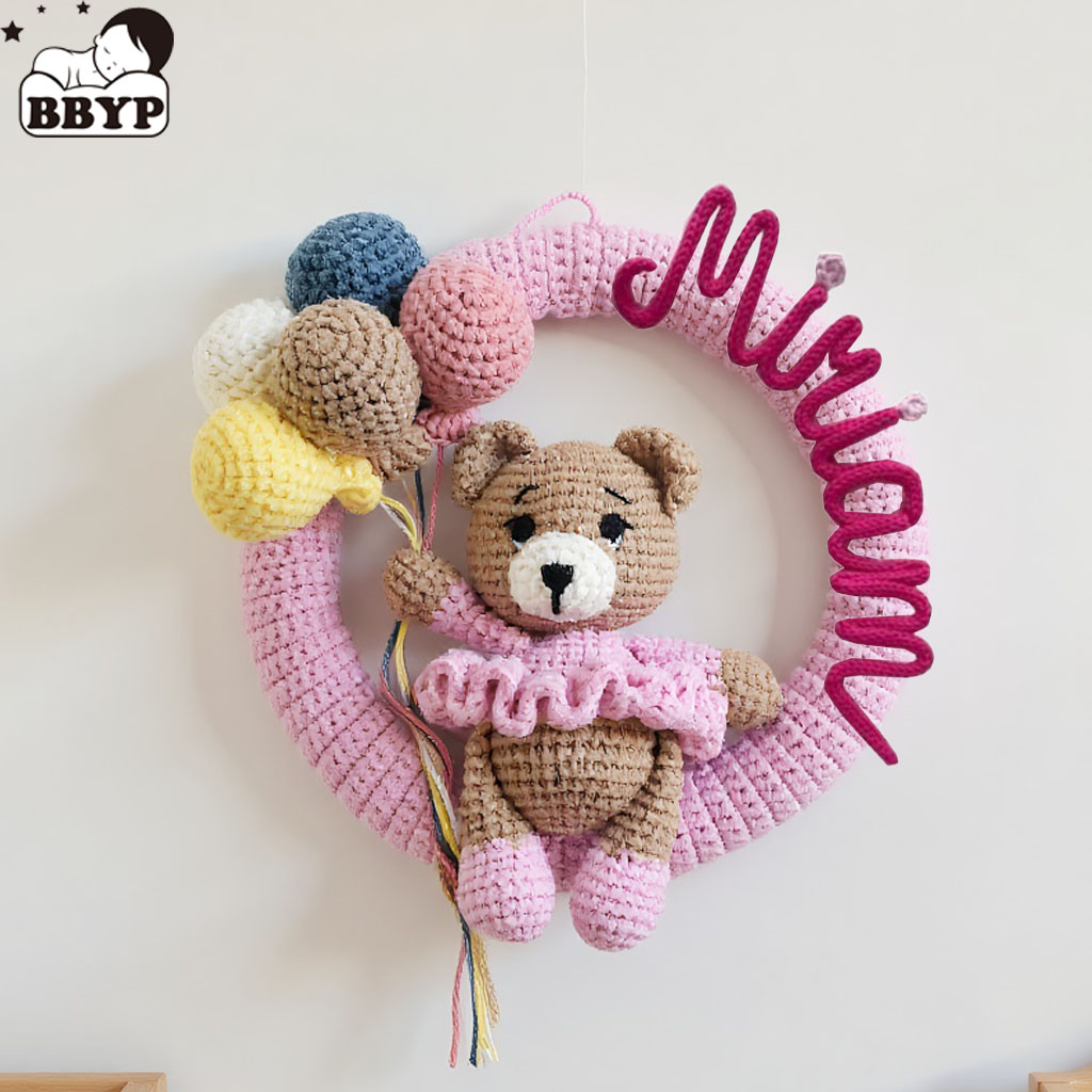 Baby Nursery Unisex - Personalized Crochet Name Wreath with Bear