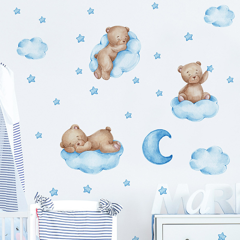 Cartoon Blue Teddy Bear Moon W - Baby Nursery Wallpaper Girl review and price