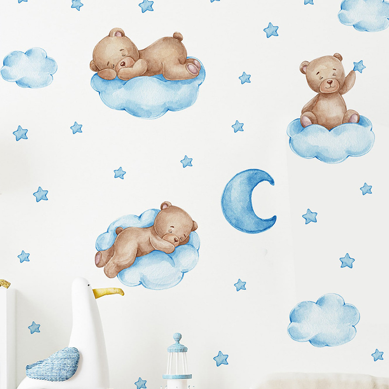 Cartoon Blue Teddy Bear Moon W - Baby Nursery Wallpaper Girl review and price