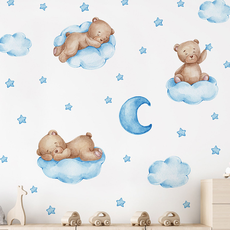 Cartoon Blue Teddy Bear Moon W - Baby Nursery Wallpaper Girl review and price